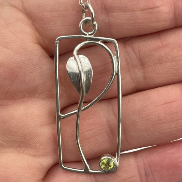 Silver Leaf Pendant with Peridot Gemstone - Image 2